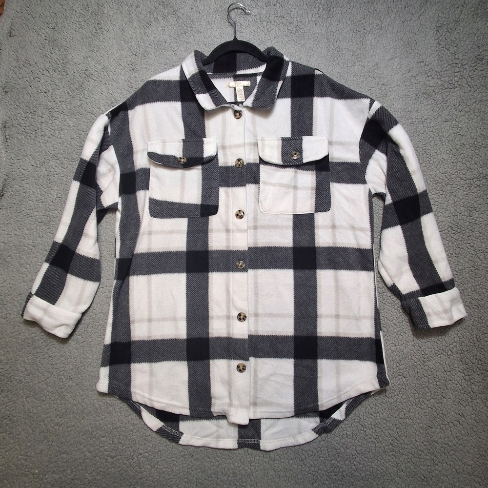NYC Plaid Shacket Women 2X White Black Fleece Button Up Oversized Flannel